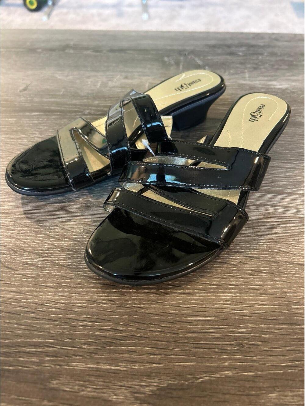 East 5th Taff Eve Black Patent Slide Sandals Women’s Size 7 Low Heel Mule Shoes